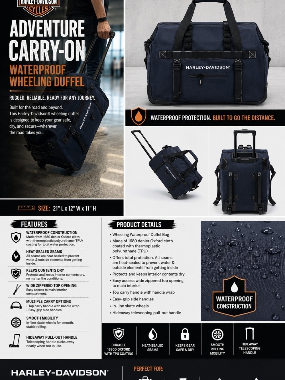 Harley-Davidson Navy and Black Wheeling Duffel Bag